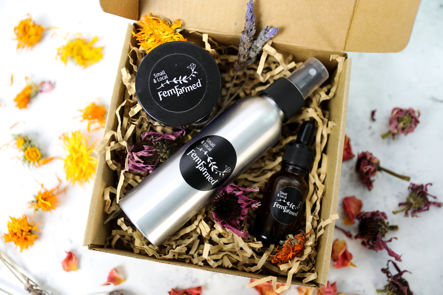 FemFarmed box with hydrosol bottle