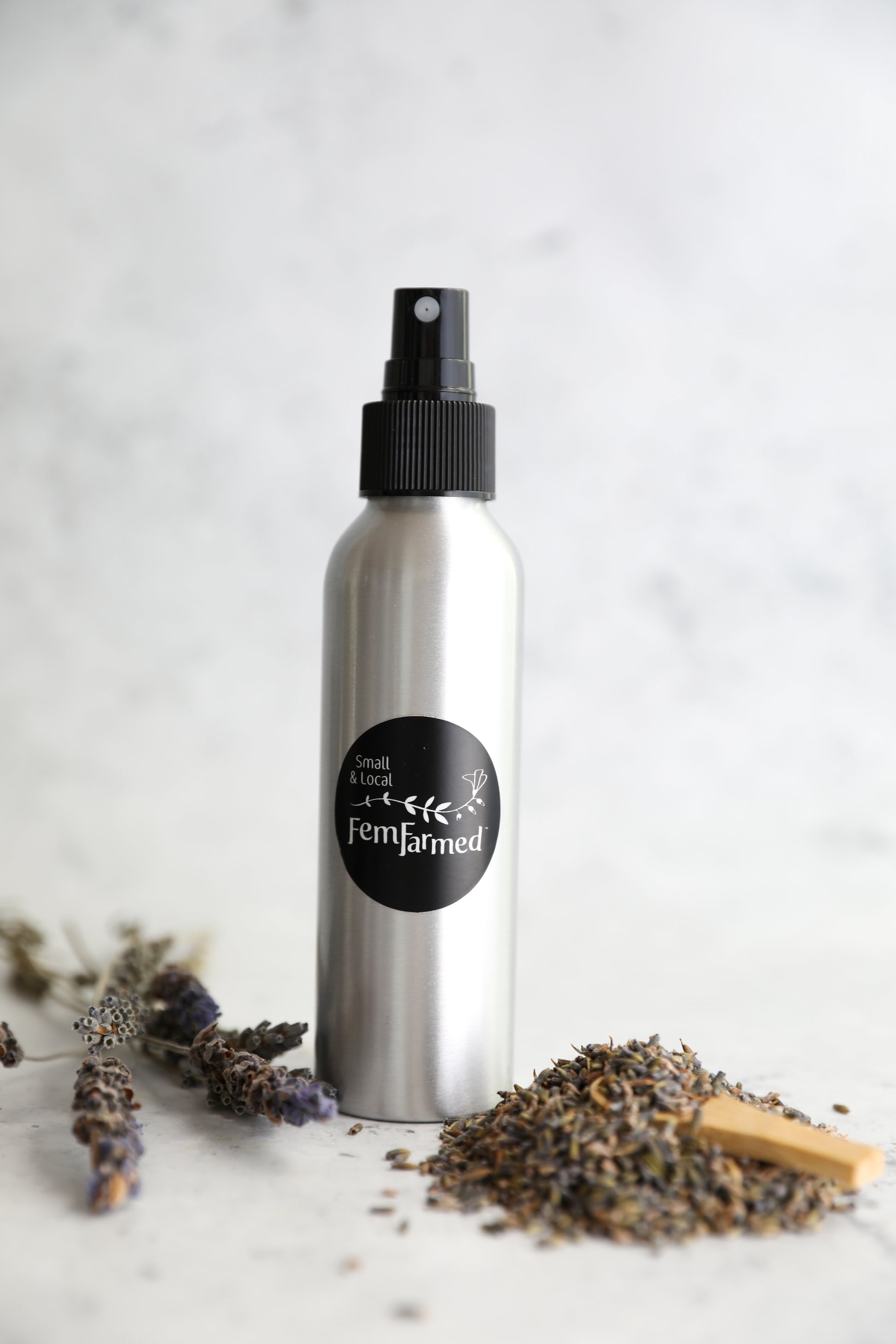 FemFarmed hydrosol metal spray bottle with lavender flowers